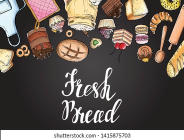 Bread hand drawn set illustration. Vintage watercolor pastry, wheat, flour fresh bread sketches for bakery shop or cafeteria on blackboard. Vector graphic, stylized image set element for menu