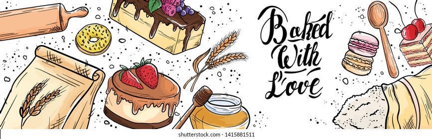 Bread hand drawn set illustration. Vintage watercolor pastry, wheat, flour fresh bread sketches for bakery shop or cafeteria on blackboard. Vector graphic, stylized image set element for menu