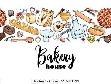 Bread hand drawn set illustration. Vintage watercolor pastry, wheat, flour fresh bread sketches for bakery shop or cafeteria on blackboard. Vector graphic, stylized image set element for menu