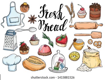 Bread hand drawn set illustration. Vintage watercolor pastry, wheat, flour fresh bread sketches for bakery shop or cafeteria on blackboard. Vector graphic, stylized image set element for menu