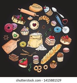 Ilustración de conjunto dibujada a mano de pan. Pastelería de acuarela, trigo, bocetos de pan fresco para panadería o cafetería en la pizarra. Gráfico vectorial, elemento estilizado de conjunto de imágenes para el menú