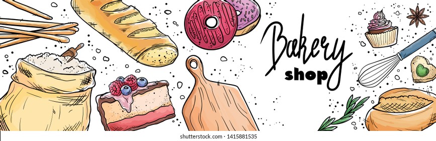 Bread hand drawn set illustration. Vintage watercolor pastry, wheat, flour fresh bread sketches for bakery shop or cafeteria on blackboard. Vector graphic, stylized image set element for menu