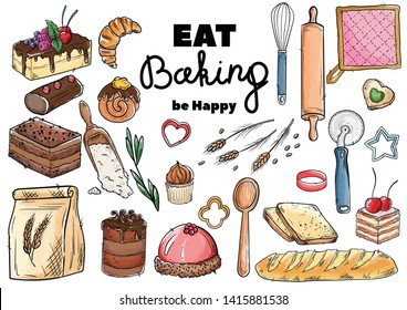 Bread hand drawn set illustration. Vintage watercolor pastry, wheat, flour fresh bread sketches for bakery shop or cafeteria on blackboard. Vector graphic, stylized image set element for menu