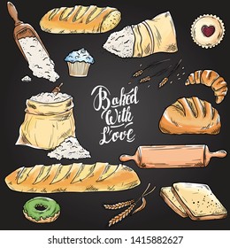 Bread hand drawn set illustration. Vintage watercolor pastry, wheat, flour fresh bread sketches for bakery shop or cafeteria on blackboard. Vector graphic, stylized image set element for menu