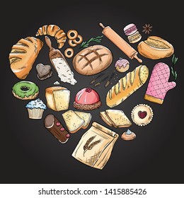 Bread hand drawn set illustration. Vintage watercolor pastry, wheat, flour fresh bread sketches for bakery shop or cafeteria on blackboard. Vector graphic, stylized image set element for menu