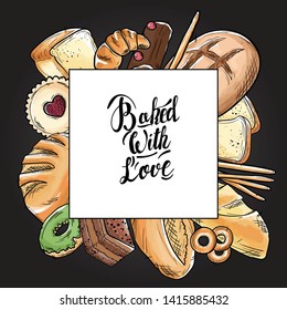 Bread hand drawn set illustration. Vintage watercolor pastry, wheat, flour fresh bread sketches for bakery shop or cafeteria on blackboard. Vector graphic, stylized image set element for menu