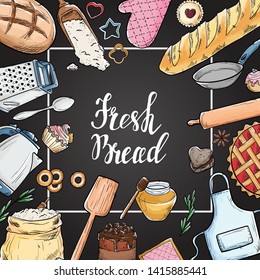 Bread hand drawn set illustration. Vintage watercolor pastry, wheat, flour fresh bread sketches for bakery shop or cafeteria on blackboard. Vector graphic, stylized image set element for menu