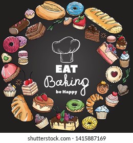 Bread hand drawn set illustration. Vintage watercolor pastry, wheat, flour fresh bread sketches for bakery shop or cafeteria on blackboard. Vector graphic, stylized image set element for menu