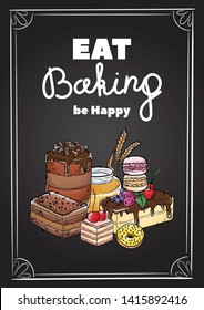 Bread hand drawn set illustration. Vintage watercolor pastry, wheat, flour fresh bread sketches for bakery shop or cafeteria on blackboard. Vector graphic, stylized image set element for menu