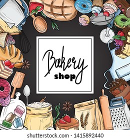 Bread hand drawn set illustration. Vintage watercolor pastry, wheat, flour fresh bread sketches for bakery shop or cafeteria on blackboard. Vector graphic, stylized image set element for menu