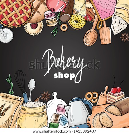 Bread hand drawn set illustration. Vintage watercolor pastry, wheat, flour fresh bread sketches for bakery shop or cafeteria on blackboard. Vector graphic, stylized image set element for menu