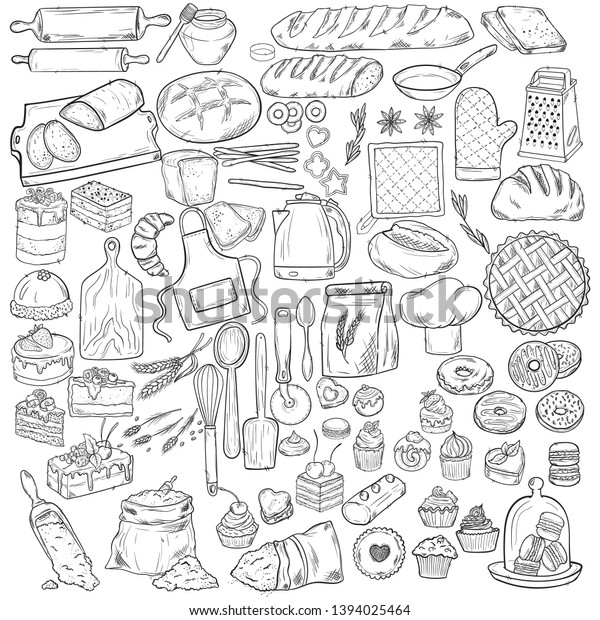Bread hand drawn set illustration. Vintage pastry,
desserts, cakes vector sketches for bakery shop or cafeteria. Other
types of wheat, flour fresh bread. Vector graphic, stylized image
of baking set g