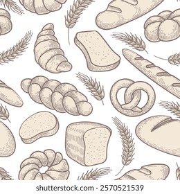 Bread hand drawn sketches seamless pattern. Bakery fresh bread products effortless background isolated vector illustration