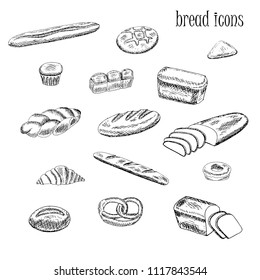 Bread hand drawn stroke monochrome icon set design element stock vector illustration