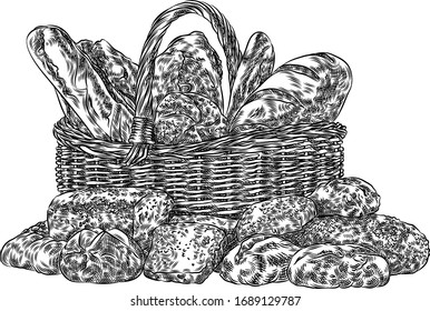 ฺฺ ilustración vectorial grabada a mano con cesta y pan grabado a mano