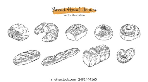 Pan en conjunto de estilo dibujado a mano , Croissant de panadería en contorno negro . Dibujo de Elementos de comida , Ilustración vectorial aislada sobre fondo blanco