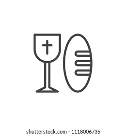 Bread and holy wine cup outline icon. linear style sign for mobile concept and web design. Church goblet simple line vector icon. Communion symbol, logo illustration. Pixel perfect vector graphics