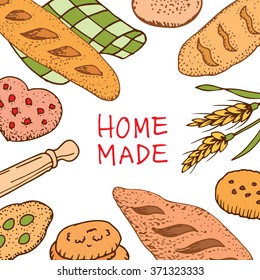 Bread home made Vintage hand drawn style bakery set. vector illustration