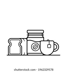 Bread with Honey Jam and Hot Tea Coloring Book Vector Illustration. Breakfast Menu