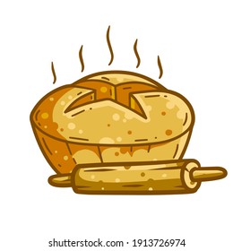 Bread. Hot cartoon drawn loaf. Retro Icon of the bakery. Cereal food and rolling pin. Farm natural product.
