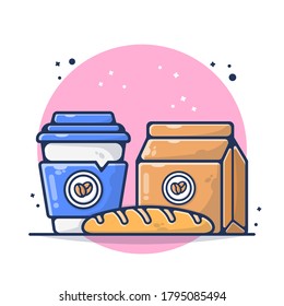Bread with Hot Coffee Coffee Pouch Vector Illustration. Breakfast Time, Breakfast Menu in Morning.  Flat Cartoon Style Suitable for Sticker, Wallpaper, Icon, etc.