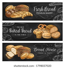 Bread house and bakery chalkboard banners. Rye and wheat bread with cheese, bloomer loaf, croissant and pretzel, bun for hamburger and sweet muffin chalk sketch vector. Bakeshop fresh pastry