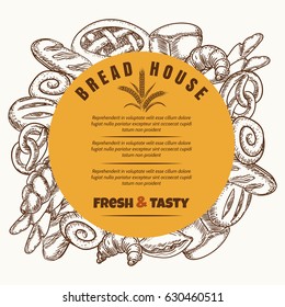 Bread house banner design. Vector bakery products round banner with bread and buns