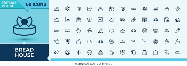 Bread House linear icon collection. Featuring break, cafe, sweet, roll, pastry, bread and more. Outline icon collections. Editable vector icon and illustration.