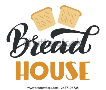 Bread house logo design featuring two slices of toast playfully falling above the words bread and house, perfect for bakeries and restaurants seeking a fresh, inviting look