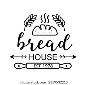 Casa de pan. Palabra del logo vectorial vintage. Tipografía de diseño, logotipo, insignia, etiqueta, icono. Texto de caligrafía dibujado a mano. Logo de la panadería de tipografía. Paneles simples de iconos. Ilustración en blanco y negro.