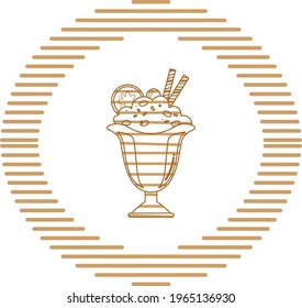 bread and ice cream products, vector image in brown lines with circular shape and white background.