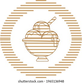 bread and ice cream products, vector image in brown lines with circular shape and white background.