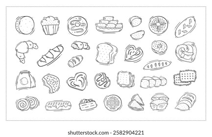 bread icon, hand drawn bakery icon, doodle bread or bakery icon set