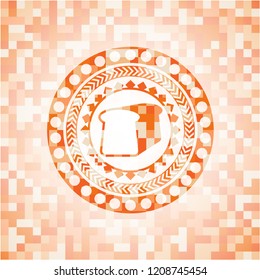 bread icon inside abstract emblem, orange mosaic background