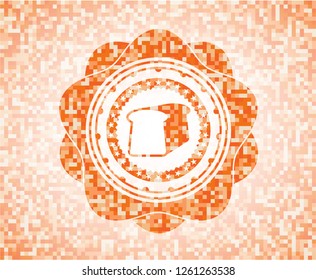 bread icon inside abstract emblem, orange mosaic background