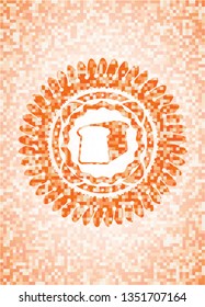 bread icon inside abstract emblem, orange mosaic background