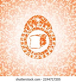 bread icon inside abstract emblem, orange mosaic background. 