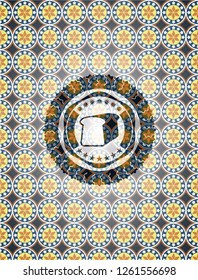 bread icon inside arabic badge background. Arabesque decoration.