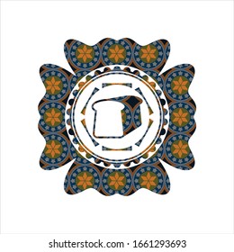 bread icon inside arabic style badge. Arabesque decoration.