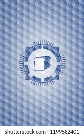 bread icon inside blue emblem or badge with geometric pattern background.