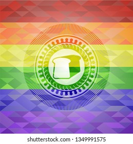 bread icon inside emblem on mosaic background with the colors of the LGBT flag