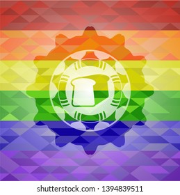 bread icon inside emblem on mosaic background with the colors of the LGBT flag