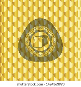 bread icon inside gold badge. Scales pattern. Vector Illustration. Detailed.
