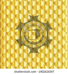 bread icon inside golden badge or emblem. Scales pattern. Vector Illustration. Detailed.