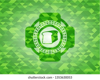 bread icon inside green emblem. Mosaic background