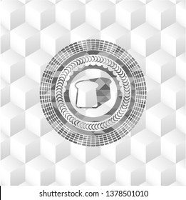 bread icon inside grey emblem with cube white background