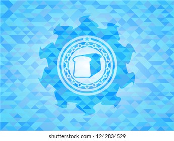 bread icon inside realistic sky blue mosaic emblem