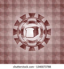 bread icon inside red emblem or badge with abstract geometric polygonal pattern background. Seamless.