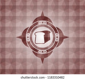 bread icon inside red seamless emblem with geometric background.