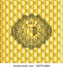 bread icon inside shiny golden badge. Scales pattern. Vector Illustration. Detailed.